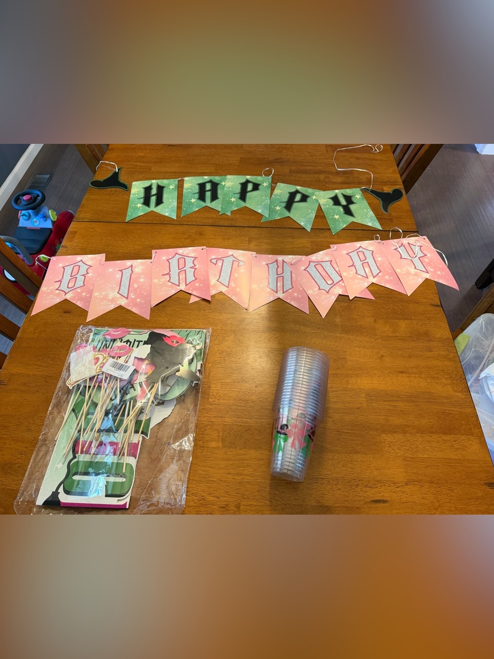Wicked Pink and Green Witch Birthday Party Decorations- Banner, Photo Booth cups